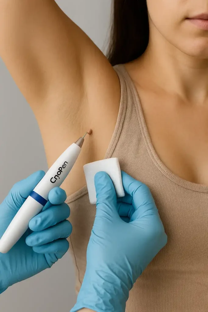 woman having cryopen to remove underarm skin tags Lymington