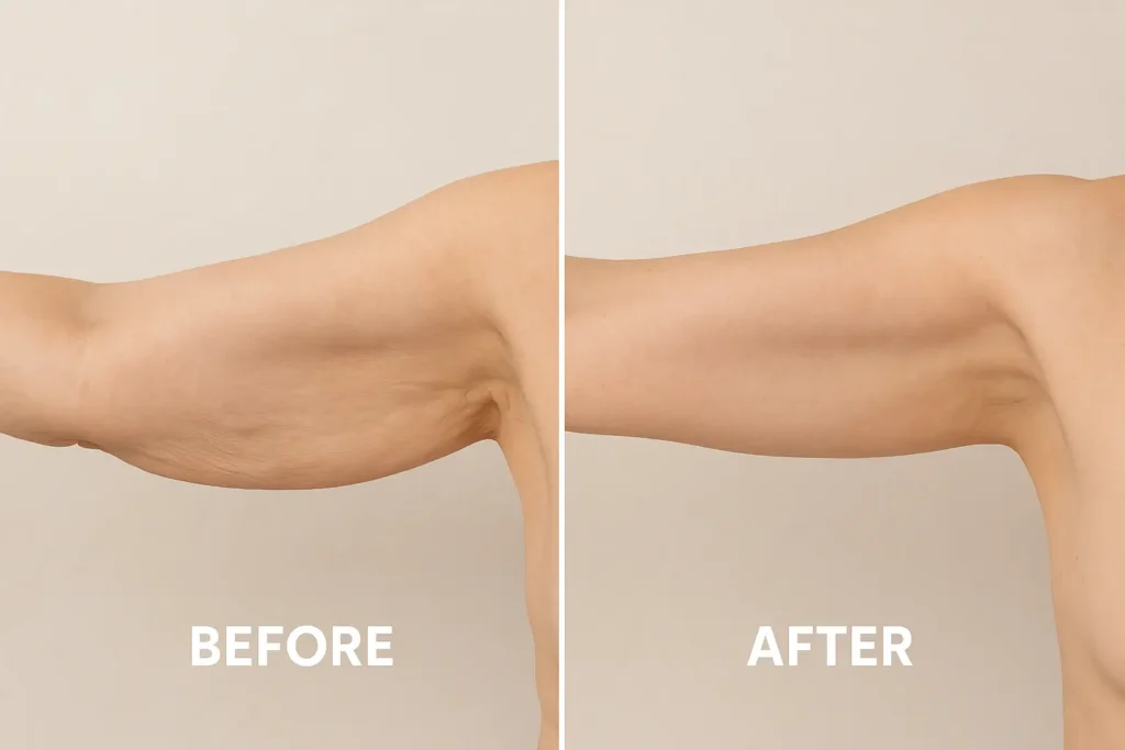 Picture of LA LIPO Lymington before and after results of skin tightening treatment on the upper arms.
