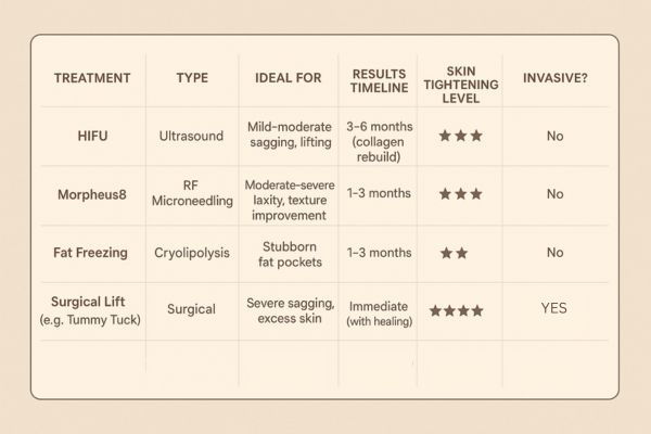 Table showing the comparisons of Skin tightening Lymington treatment options. 
